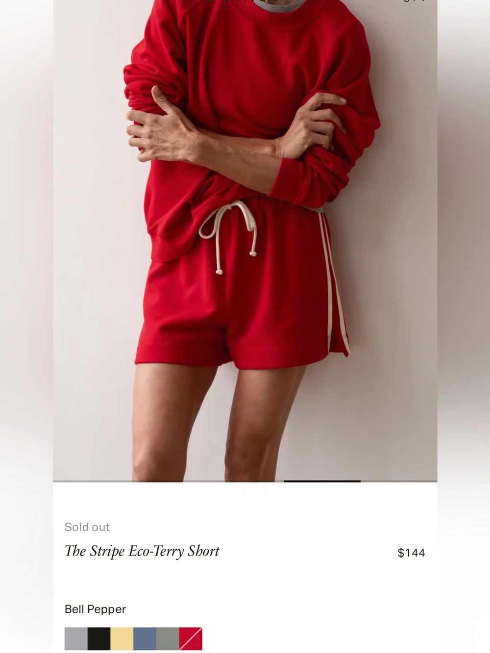 DONNI. Eco-Terry Striped Shorts in red bell pepper size small